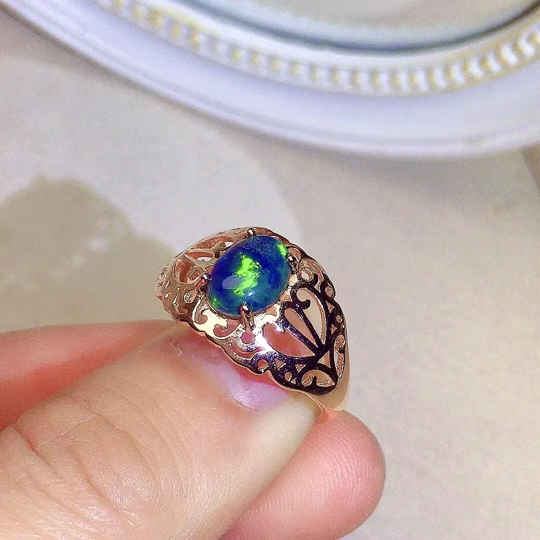 Design Style 925 Silver Black Opal Ring 6mm*8mm 0.5ct Natural Opal Silver Ring for Party 18K Gold Plating Gemstone Jewelry