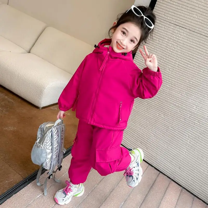 

Утепленная куртка для девочек, комплект из двух предметов, осенне-зимние топы, пальто, брюки, спортивная одежда для детей, сохраняющая тепло, кавайная модная новая повседневная одежда