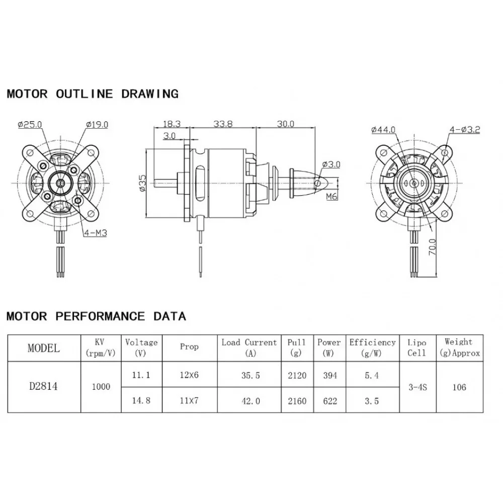 D2814 1000KV Brushless Motor 6mm Shaft 3-4S Lipo for 12×6/11×7 Propeller RC Drone Quadcopter Fixed-Wing Aircraft DIY Parts