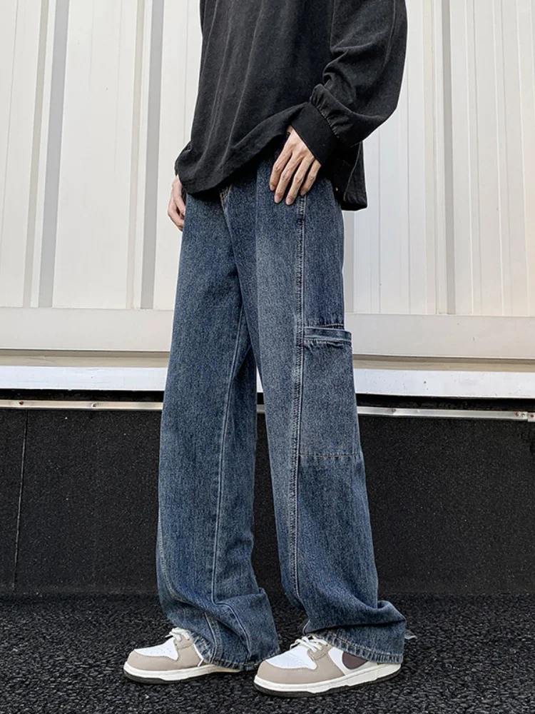 

Waed Loose Men's Jeans Trendy American High Street Vibe Wide Leg Long Trousers Youthful Wear Resistant Straight Cut