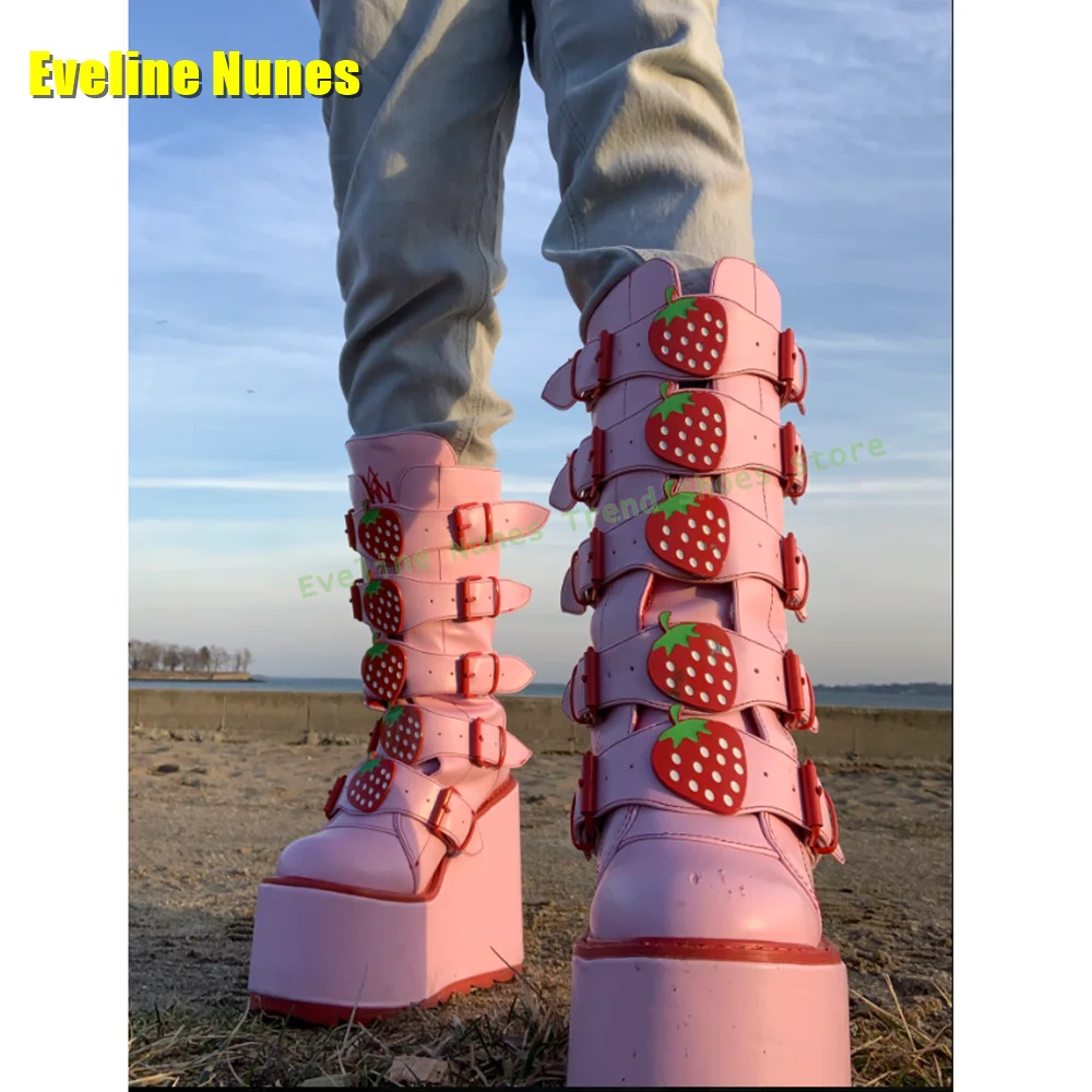 Pink Strawberry Button Platform Boots Round Toe Wedge Thick Sole Y2K Street Style Couple Knee High Boots 2025 Autumn Shoes Trend view 2