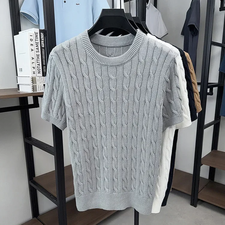 Herren-Kabelstrick-T-Shirt mit kurzen Ärmeln, 100 % Baumwolle, Rundhalsausschnitt, lässig, einfarbig, Sommer-Strick-T-Shirt – Detail 20