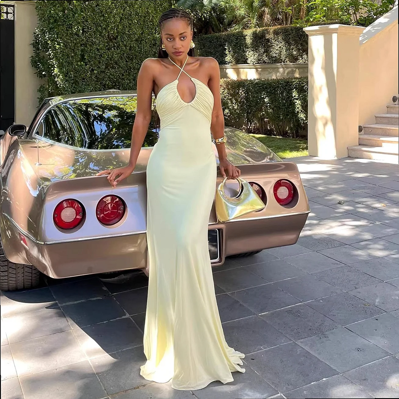 Backless Hollow Bodycon Dress, Summer Sling Dresses for Women, Ruched Party Mini Dresses
