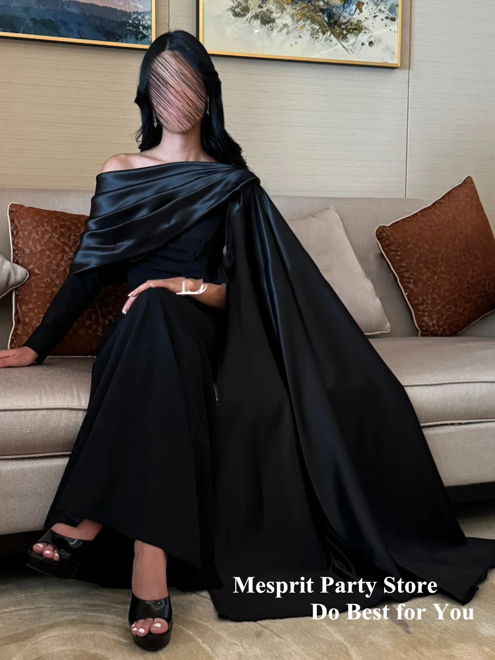 Cheap Saud Black Prom Dresses for Woman One Shoulder Long Sleeve Pleat Shawl Mermaid Evening Gown Arabian Formal Party Dresses