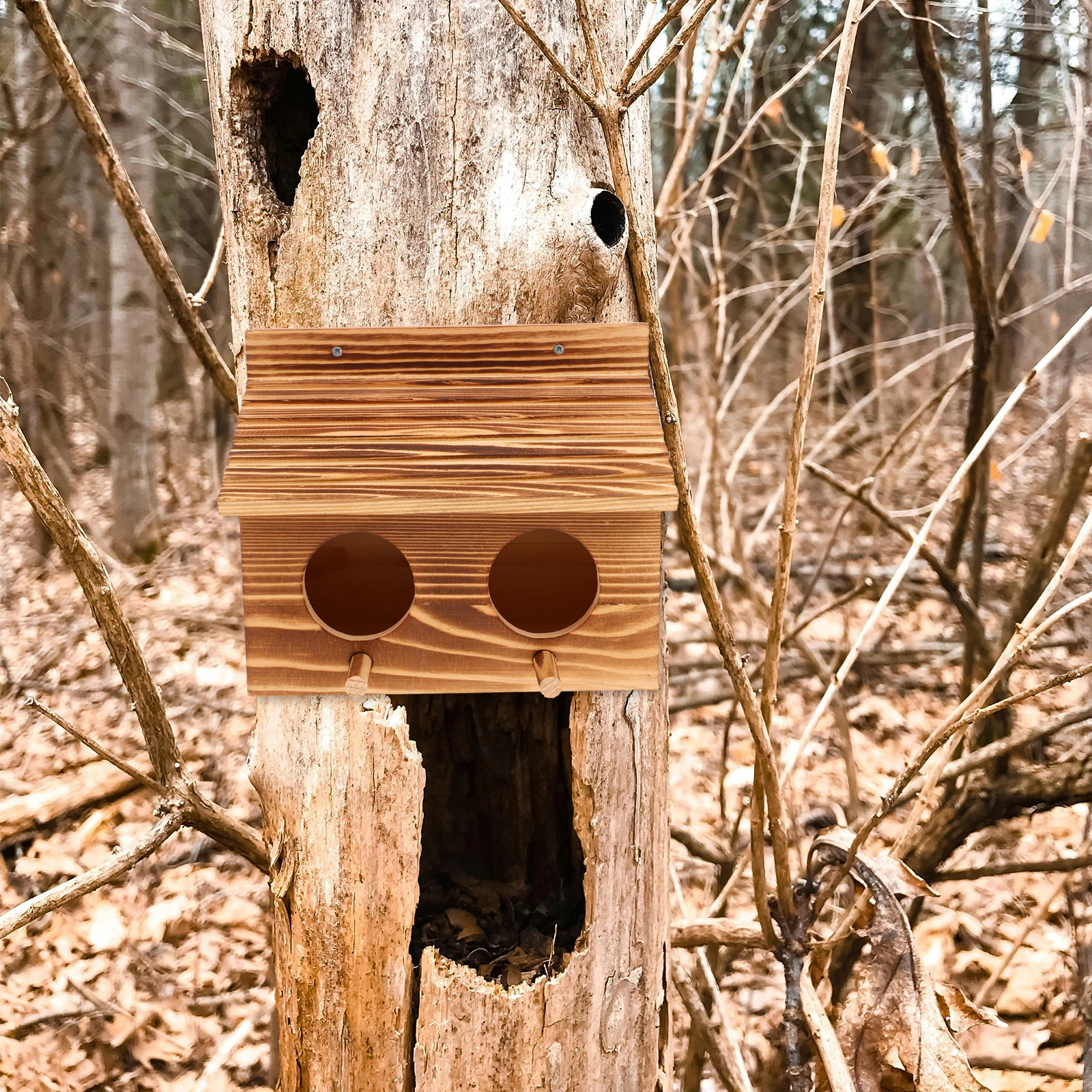 

Bird Breeding Box: Natural Wood Parrot Nest with Double Entry Holes Suitable for Outdoor Small Bird House for Lovebirds Budgies