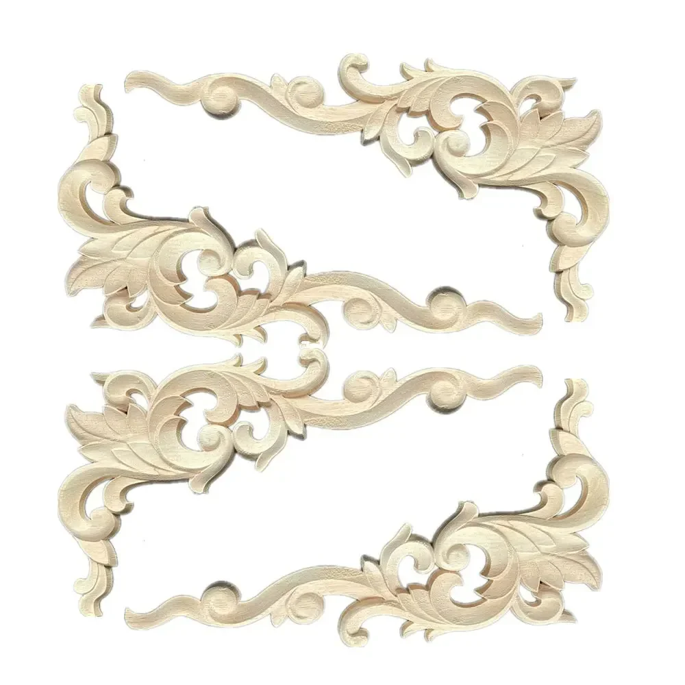 4PCS 33cm Woodcarving Decal Corner Applique Frame Door Decorate Wall Doors Furniture Decorative Figurines Wooden Miniatures