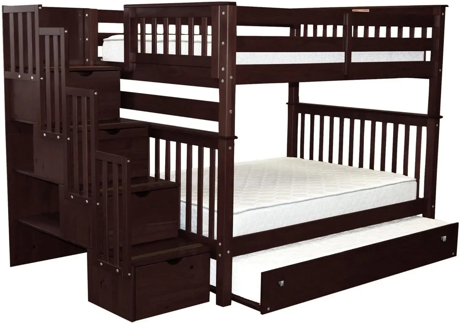 King Stairway Bunk Beds l with 4 Drawers in The Steps and a Twin Trundle, Dark Cherry  bed  bedroom furniture