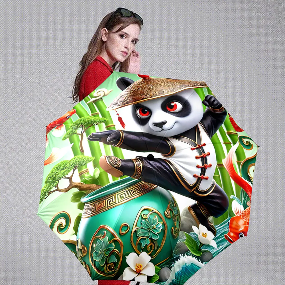 Martial Arts Panda with Bamboo and Koi Fish Design portable waterproof sun rain umbrella for outdoor travel beach