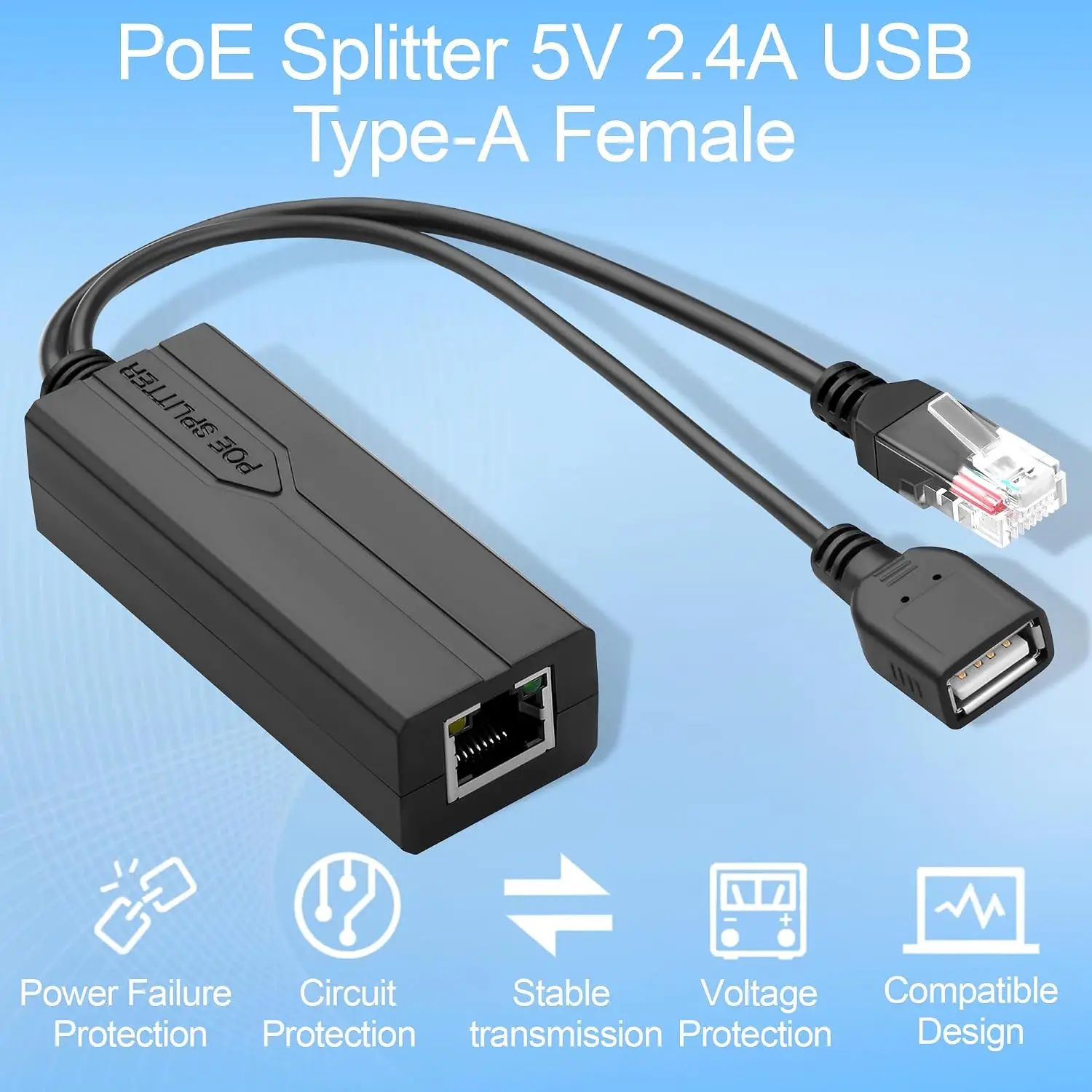 PoE Splitter 5V 2.4A USB Type C Female IEEE 802.3af/at Suitable for Security Network Cameras/VoIP Phones Power Over Ethernet view 6