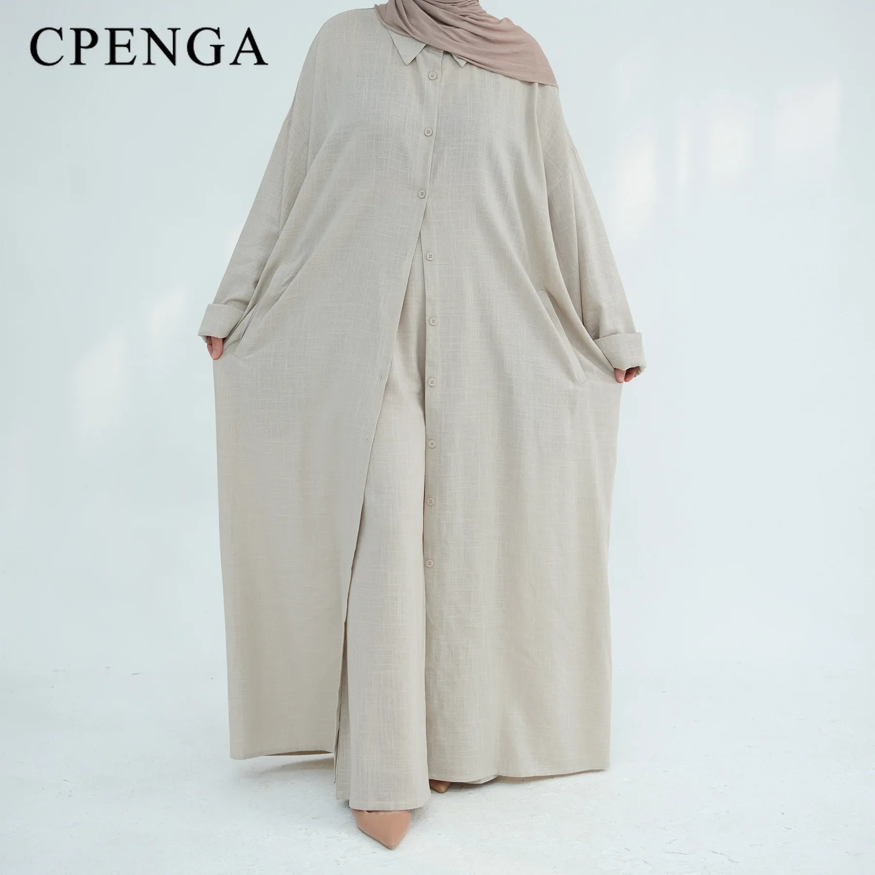 Ramadan Zweiteiliges Leinen-Muslim-Set für Frauen, elegante Dubai bescheidene Kleidung, islamisches Femme-Reise-Outfit, modischer Türkei-Anzug 20R