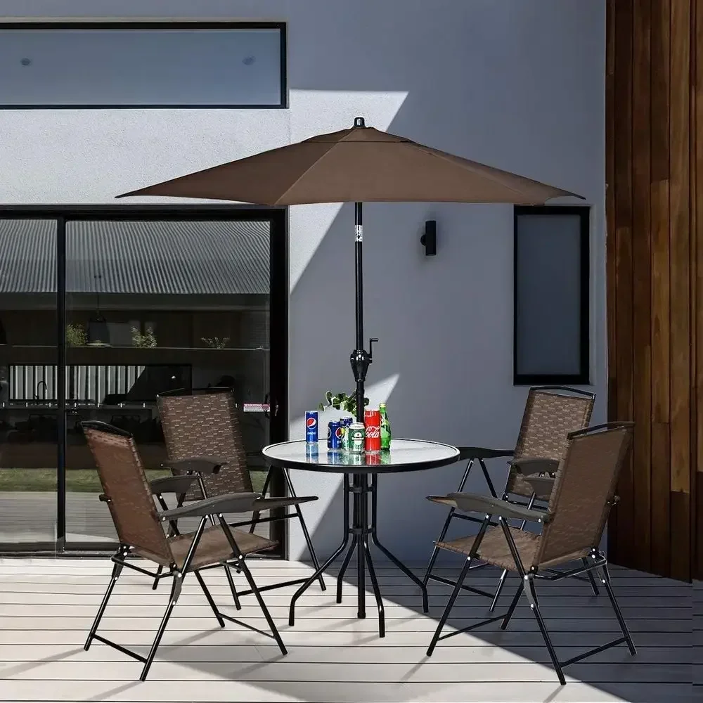 Outdoor 5-Piece Patio Bistro Set with 4 Sling Chairs and Tempered Glass Table with Umbrella Hole