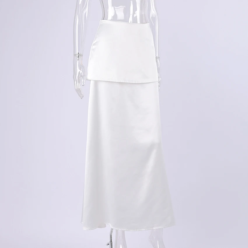 Linad Elegant Satin White Long Skirts For Woman Office Folds A Line Skirts Summer Casual Solid Ankle Length Skirt 2025 Spring