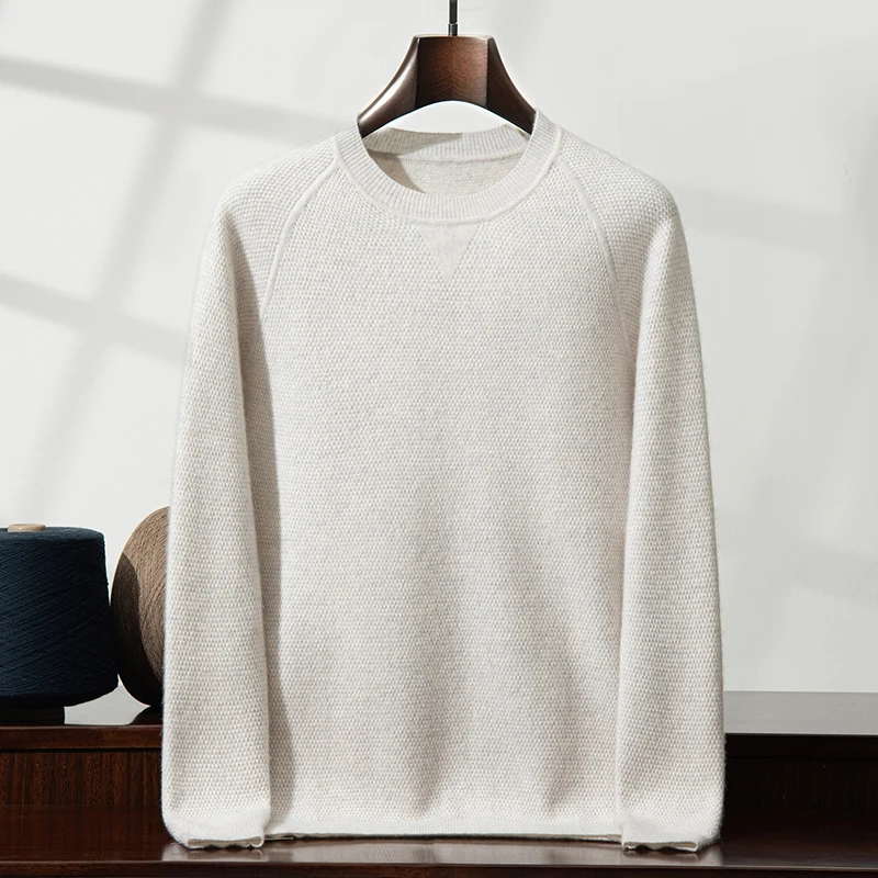 Honeycomb Knit 100% Cashmere Sweater Men's Round Neck Solid Color Raglan Sleeve Base Shirt Versatile Business Knitwear