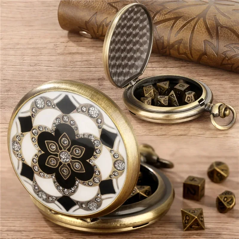 Vintage Tiny 7Pcs/set Metal Polyhedral Dices Role Play Gaming Dice with Crystal Flower Pocket Watch Case Pendant Chain