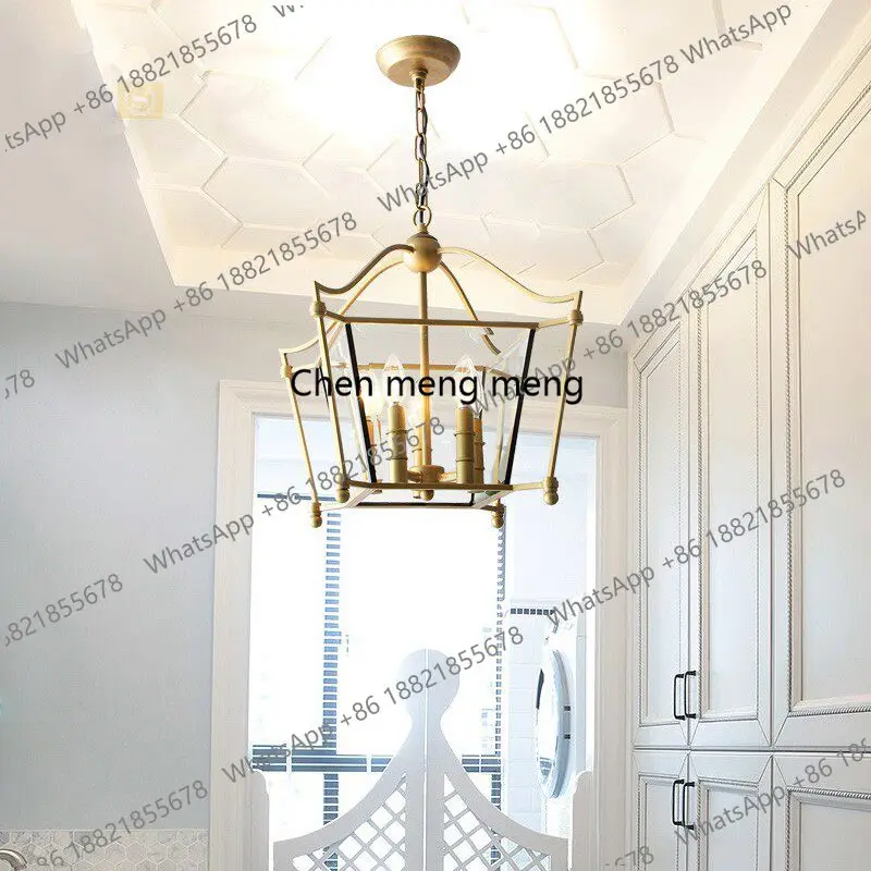 

American creative restaurant chandelier retro gold square study light simple glass bedroom chandelier entrance