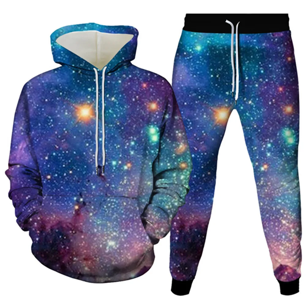 Homens e mulheres de manga comprida agasalho, Universo Galaxy, Planeta, Star Printed Teen Vestuário, Hoodies e Calças, Outono, Harajuku, Conjunto de 2 Peças