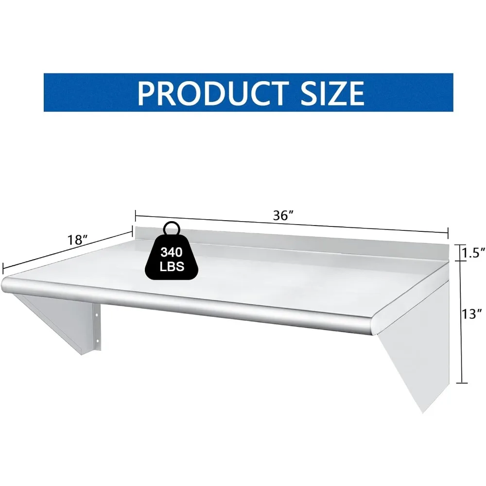 أرفف مثبتة على الحائط من الفولاذ المقاوم للصدأ من الدرجة التجارية، مقاس 18 × 36، تدعم ما يصل إلى 340 رطل، مع رقعة خلفية وأقواس للمطبخ