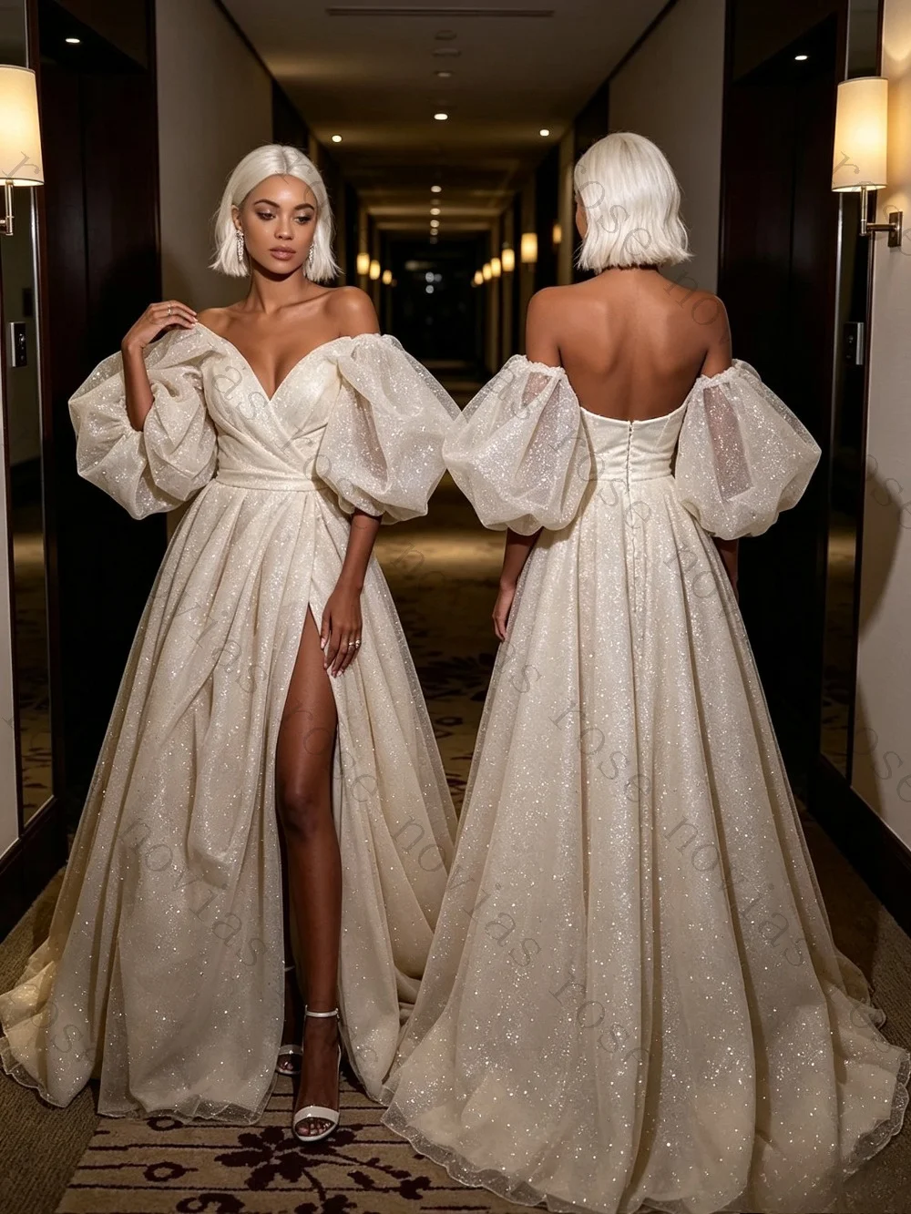 Customized Shiny High Waisted Backless Wedding Dress Luxurious Off Shoulder Bubble Sleeve Sequined A-line Princess Bridal Gown
