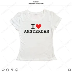 I Love Amsterdam Print Crop tops Women Casual Short Sleeve T-shirt Funny US Streetwear Sexy Baby Tees 2000s Vintage Girls Tops