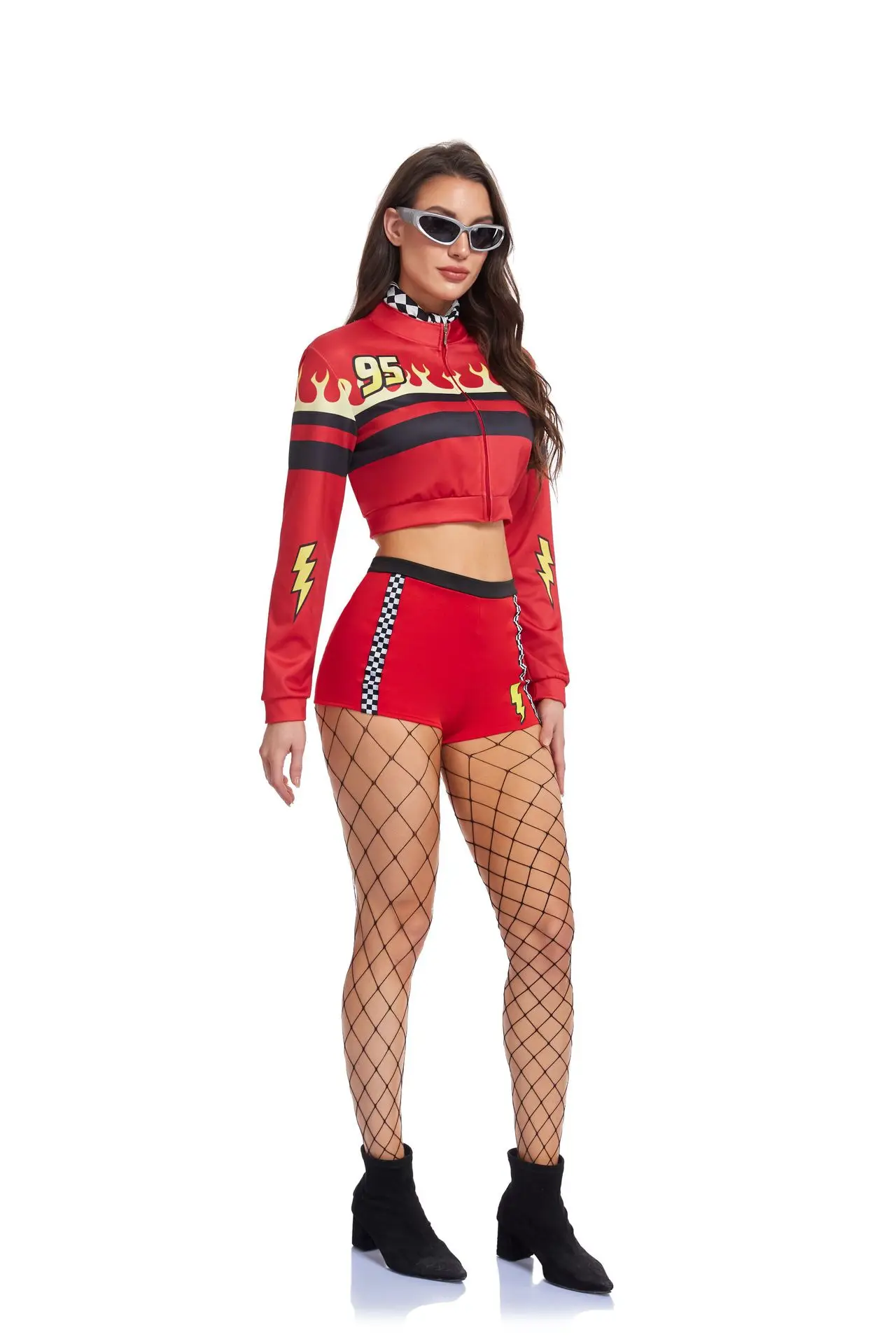 2026 Women's Sexy Race Car Driver Costume Red Lightning Print Crop Top Bra Shorts with Jacket Halloween Cosplay Party Clubwear - view 6