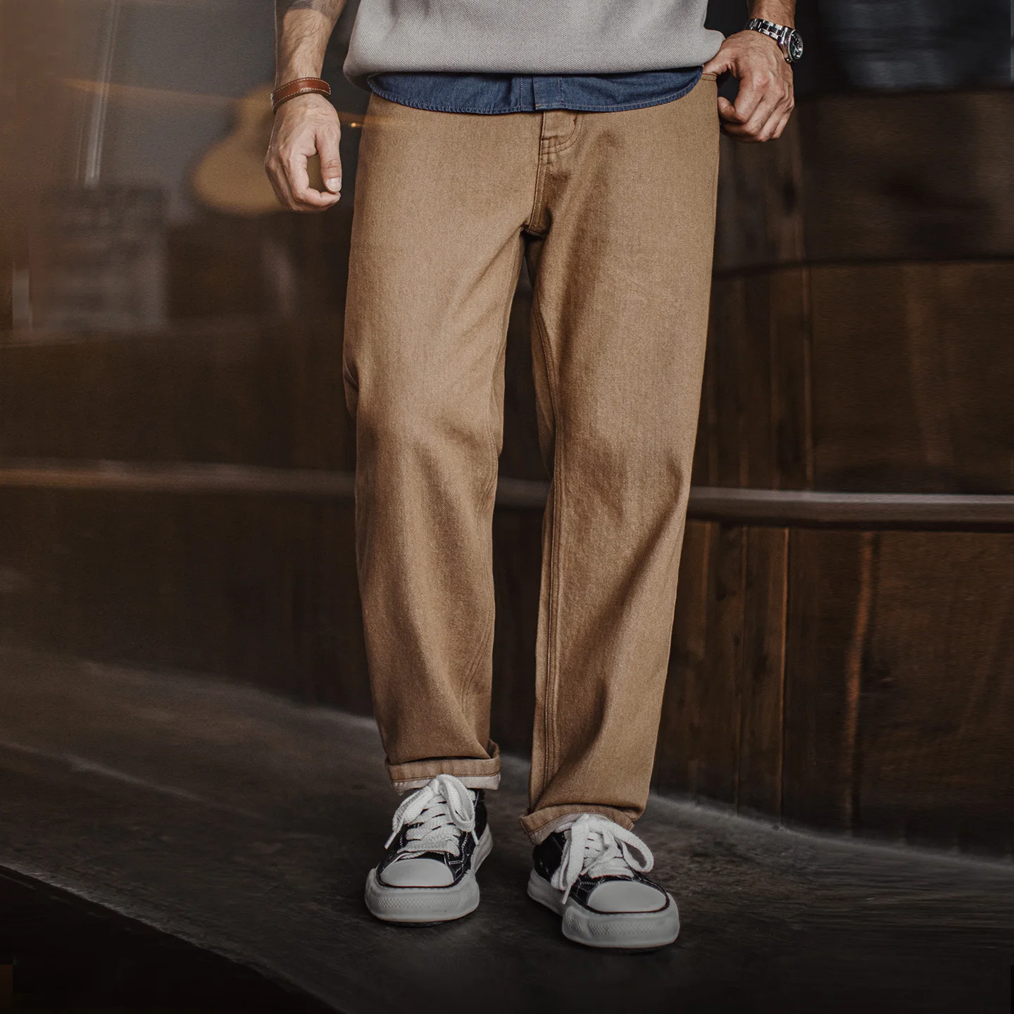 

Maden Мужские винтажные джинсы цвета хаки из денима с лиоцеллом, прямого кроя, свободные повседневные брюки в американском стиле для осени