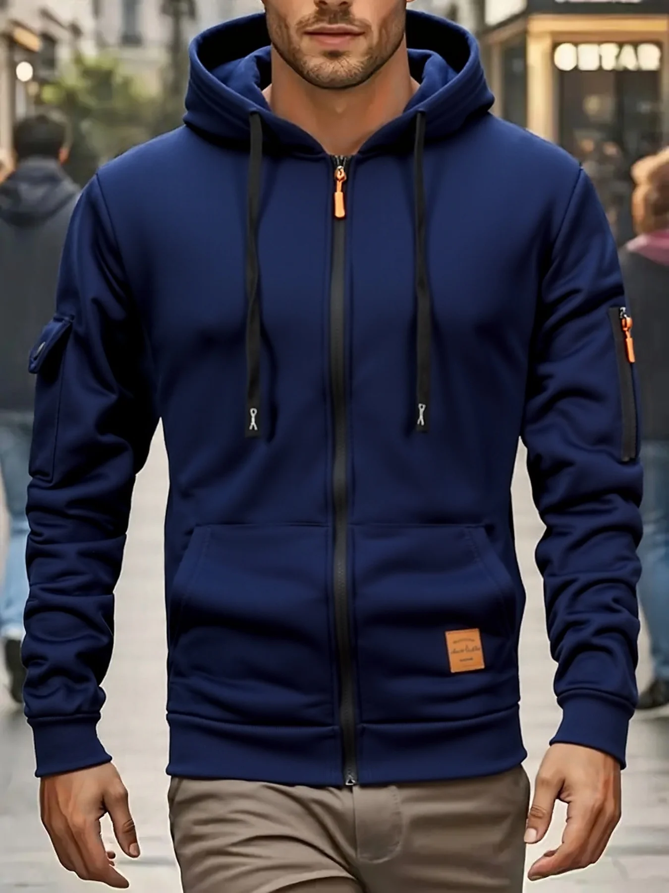 Utility Pocket Design Mens Fleece Lined Zip Hoodie Adjustable Hood Drawstring Durable Metal Zipper Multi Storage Pockets Casual