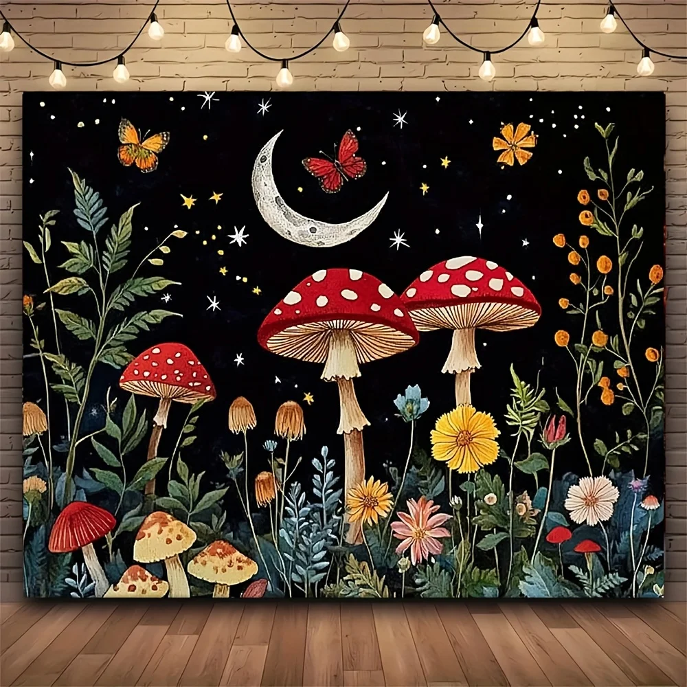 1pc Versatile Mushroom Butterfly and Snail Floral Tapestry, Polyester Fabric, Machine Washable - Great for Home Decor