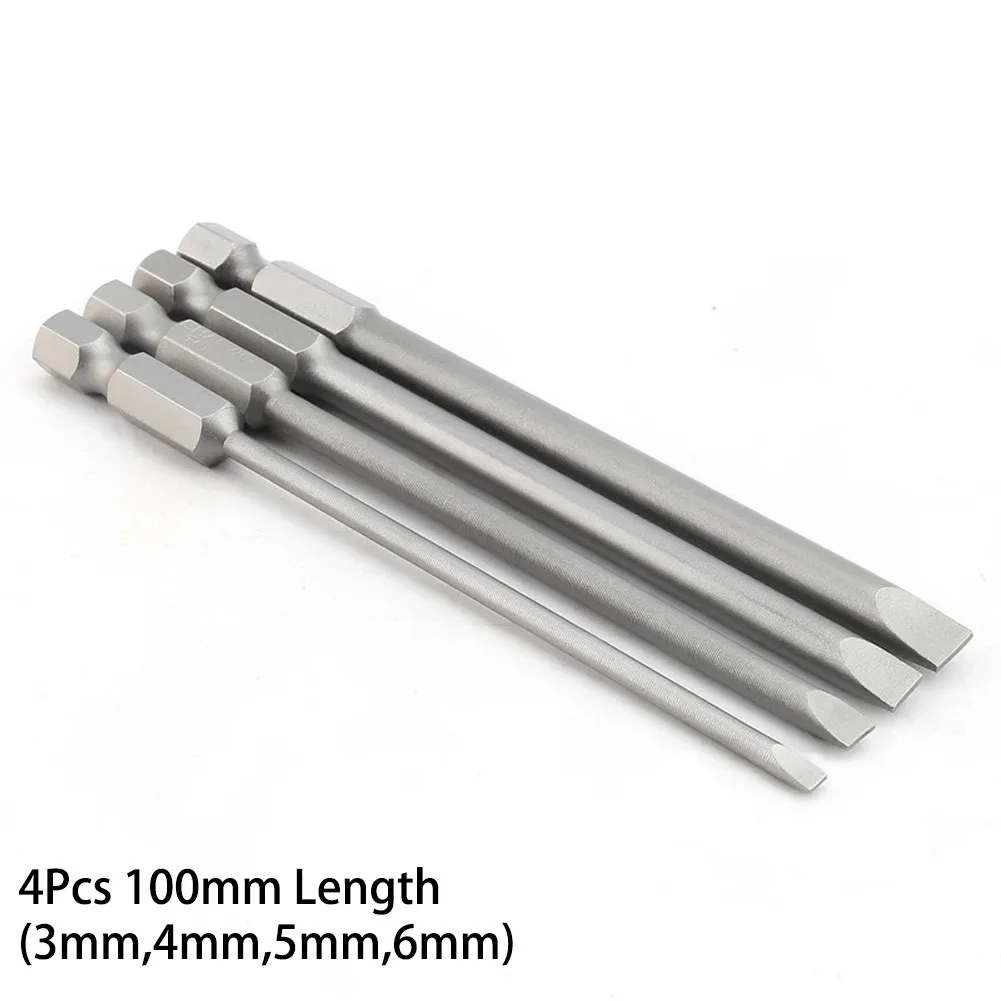 4Pcs 100mm Slotted Screwdriver Bit S2 Alloy Steel Magnetic Screwdriver Drill Bit Set 1/4\