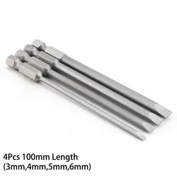 4Pcs 100mm Slotted Screwdriver Bit S2 Alloy Steel Magnetic Screwdriver Drill Bit Set 1/4