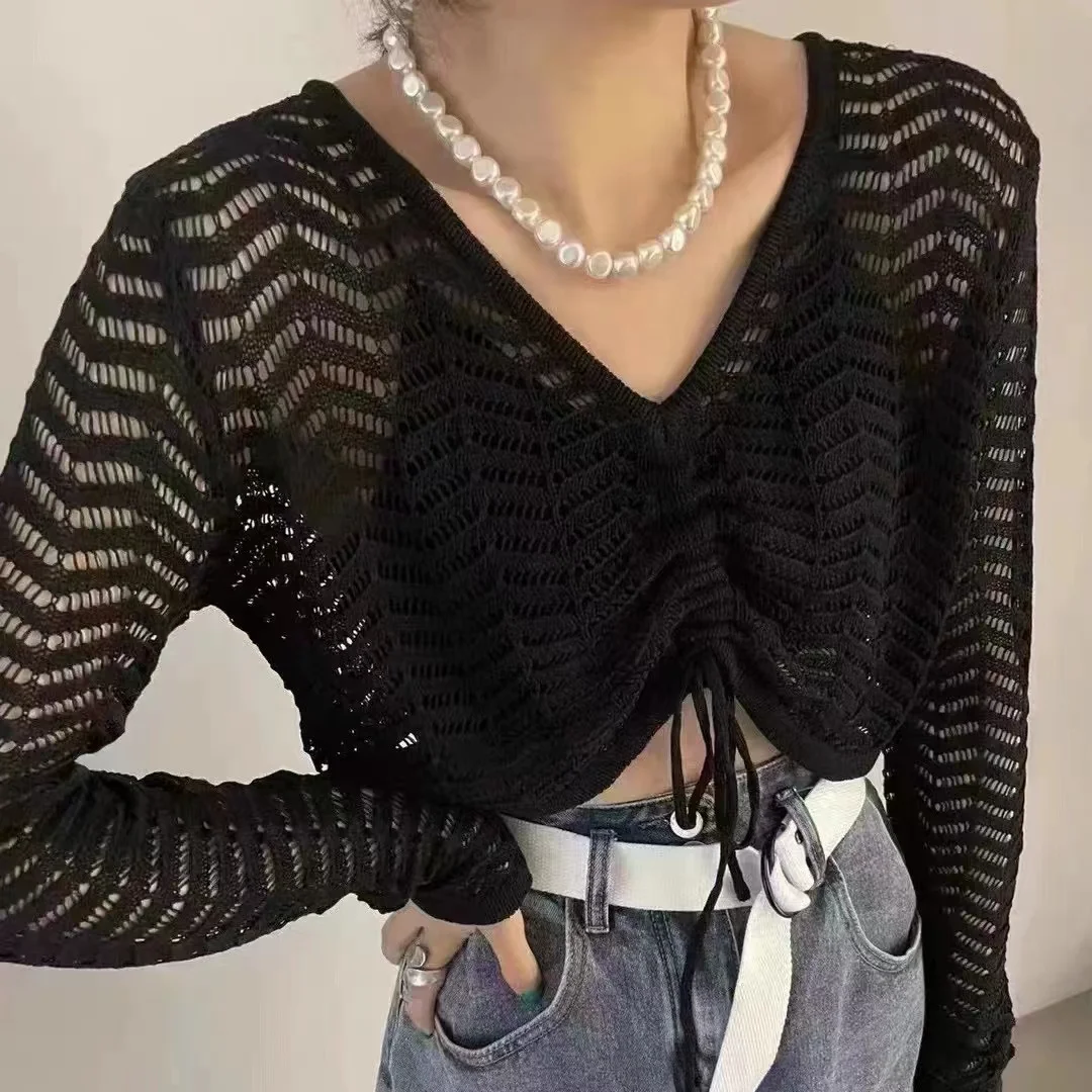Summer Hollow Knitted Sweater Women's Pullover V-neck Drawstring Long Sleeve Crop Top Casual Loose Sunscreen Clothes