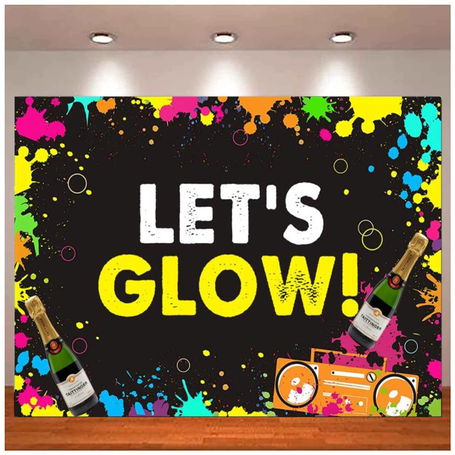 

Photography Backdrop Online Neon Let's Glow Crazy Glowing in the Dark Paint Splatter Birthday Background Dance Banner Decoration