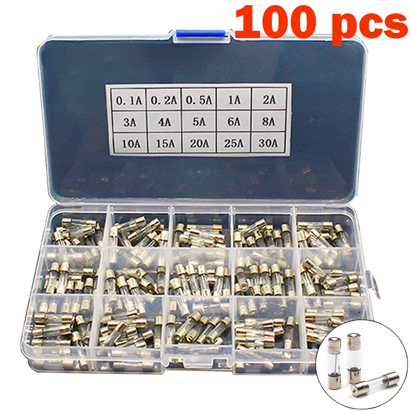 100Pcs 5*20 Fast-blow Glass Tube Fuses Household Fuses Car Glass Fuses Assorted Kit with Box Fusiveis 0.1A*30A Various kinds