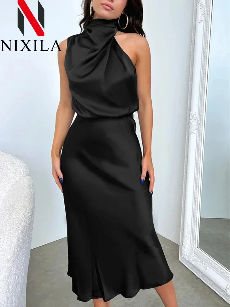 Nieuwe Bruiloft Satijn Zijde Vrouwen Jurken Sexy Avondfeest Mouwloze Off Shoulder Bodycon Elegante Maxi Jurken Voor Vrouwen Kleding