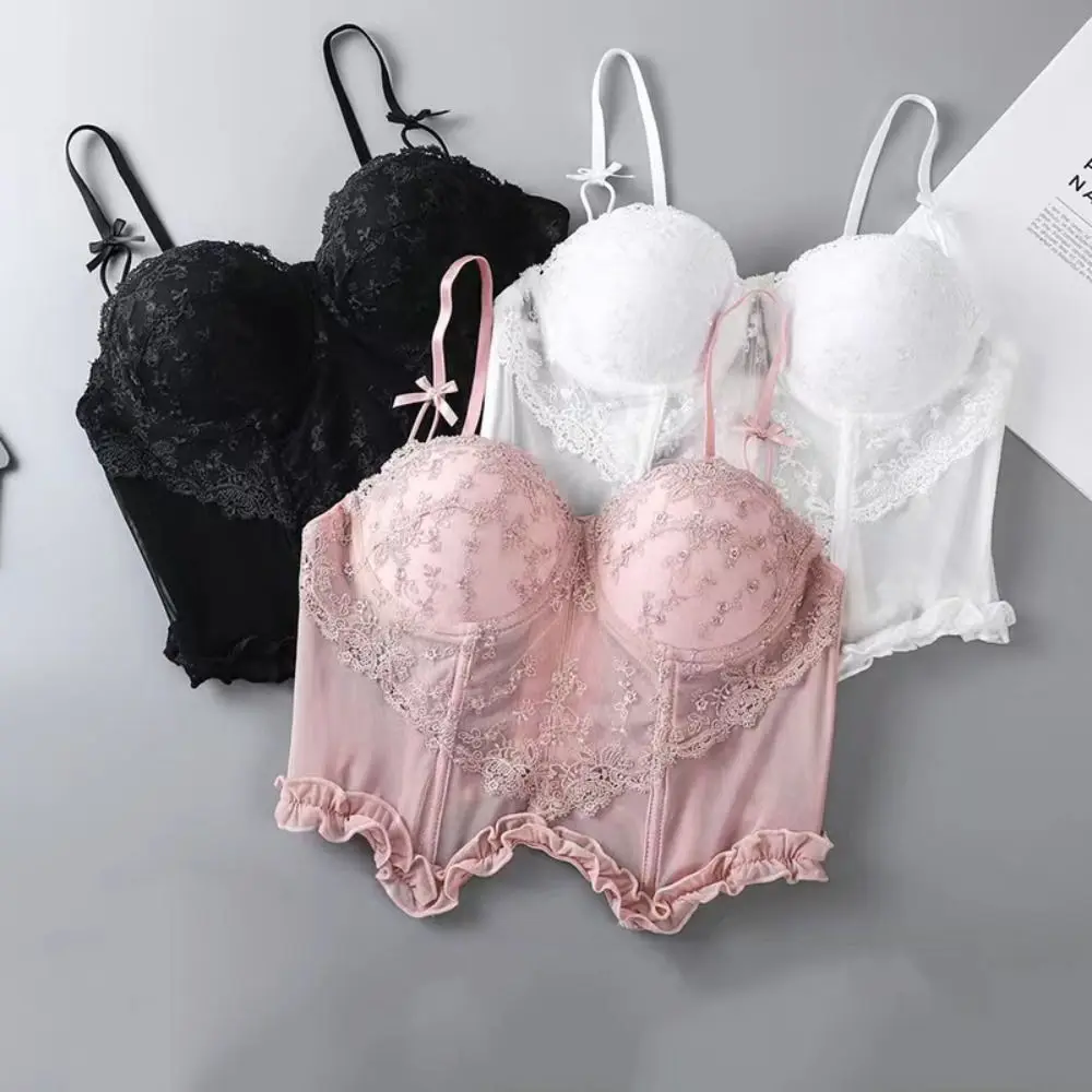 

Elegant Mesh Lace Flower Camisole Ruffle Sleeveless Lace Bow Corset Transparent Sweet Suspender Vest Ladies