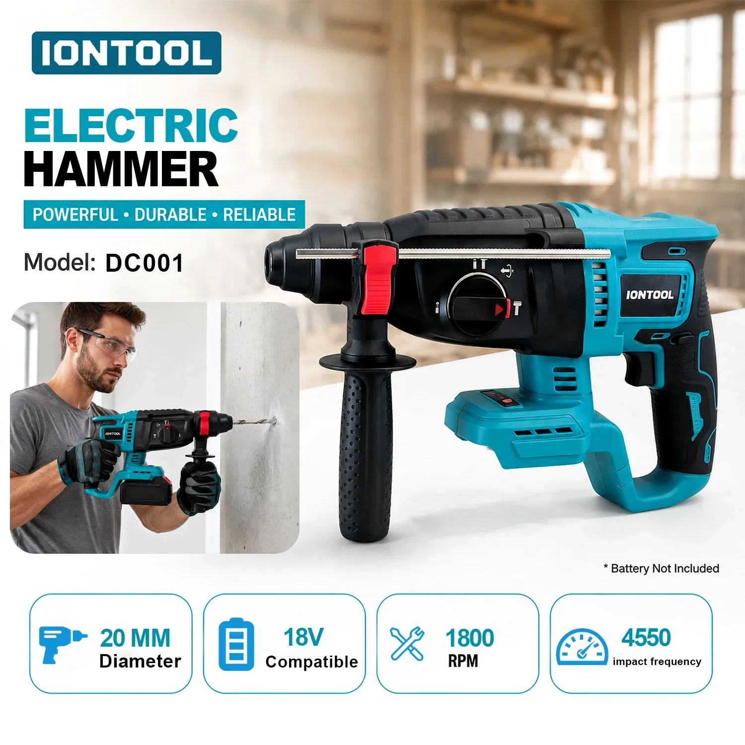 IONTOOL 26mm Brushless Cordless Rotary Hammer 4550 Impact Frequency Bare Tool for Wall Chiseling and Concrete Drilling Work