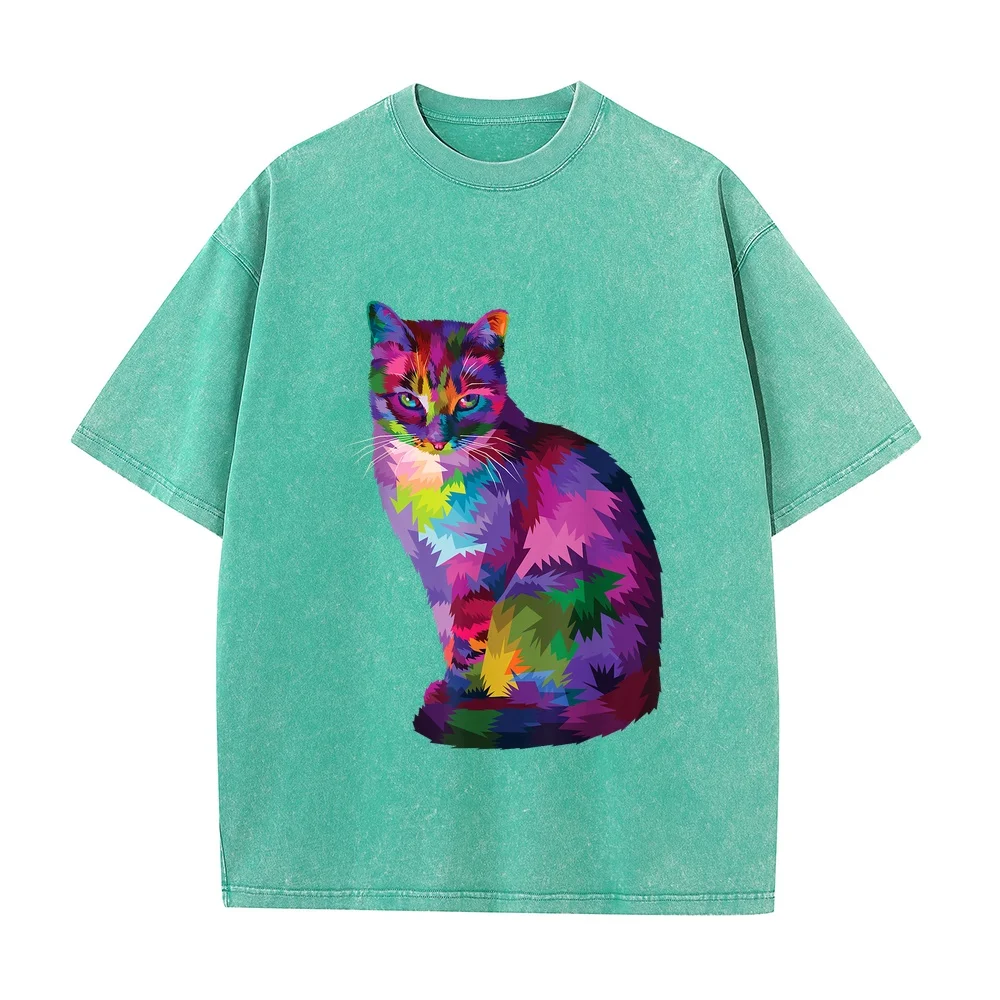 Rainbow Tabby Cat Vibrant Feline Spectrum Kitty Portrait T-Shirt Muscle Fit Short Sleeve Funny Shirt 남자 Plus Size Gift Graphic