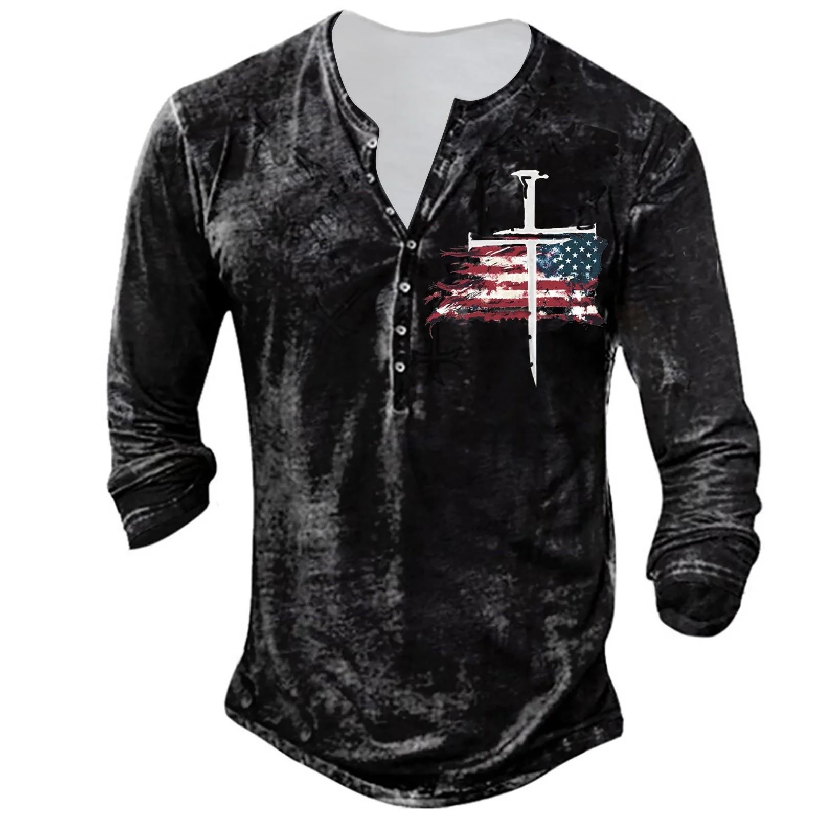 Langarm-T-Shirt für Herren, Retro-Henry-Shirt, einfarbiges Logo, 3D-gedrucktes, bequemes Langarm-Shirt für die Straße