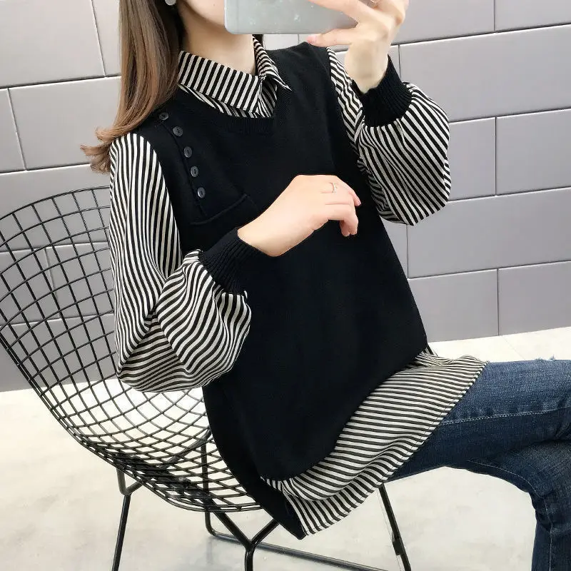 Spring Autumn New Korean Polo-Neck Shirt Spliced Sweaters Preppy Style Fashion Fake Two Pieces Long Sleeve Loose Knitted Jumpers