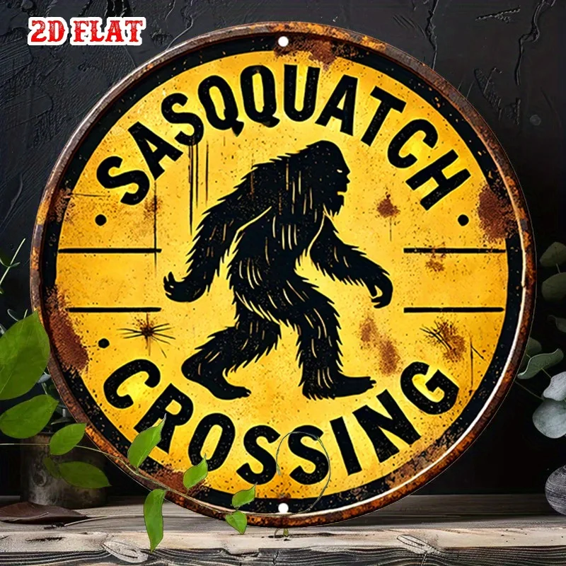 Sasquatch Crossing Vintage Round Metal Sign, Distressed Bigfoot Warning Wall Decor for Cabin & Man Cave