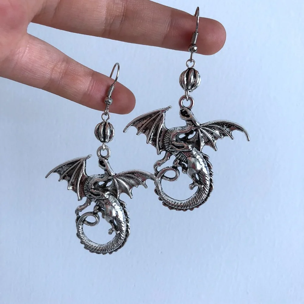 Gothic Punk Silver Color Lifelike Flying Dragon Pendant Dangle Earrings for Women Men Hallowmas Party Personality Jewelry Gifts