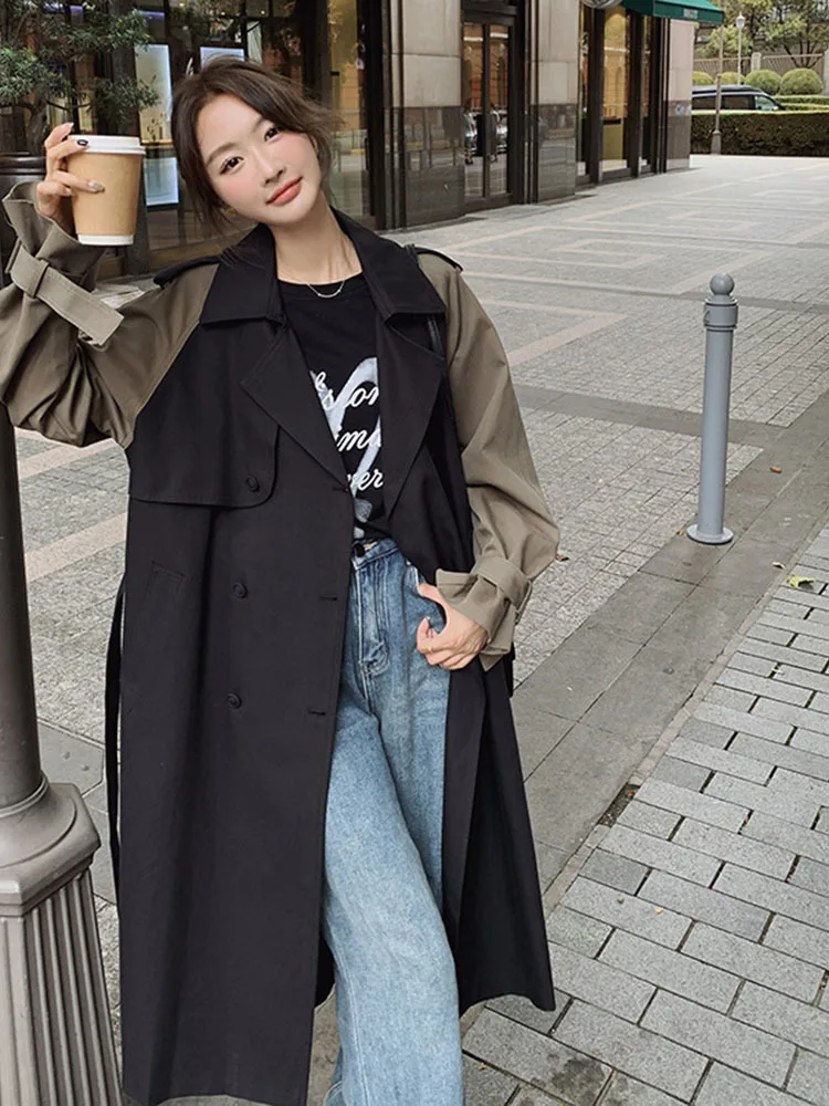 

Contrast Color Spliced Trench Women Retro Lapel Belt Gathered Waist Loose Long Windbreaker 2024 Autumn New