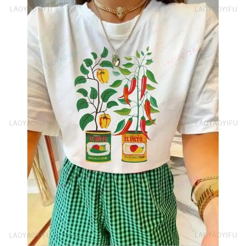 

Womens High Quality Cotton Chili Pepper Funny Pattern Print Tshirt Summer Fashion Casual Short Sleev Breathable Round Neck Tops