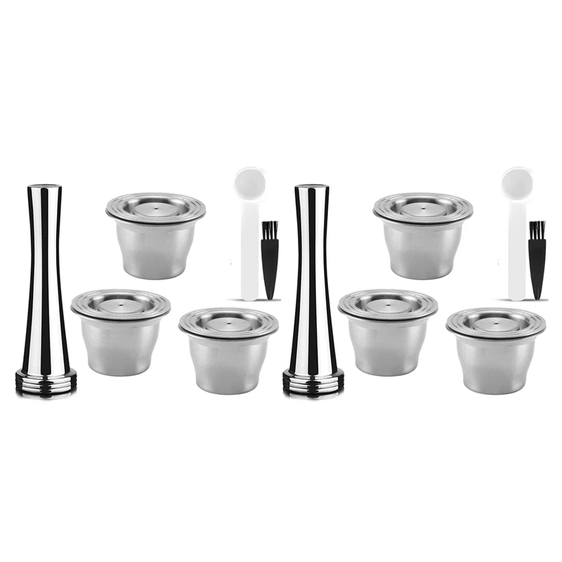 Capsules Reusable, Stainless Steel, 6 Pieces Refillable Pads For Nespresso + 2 Tamper + 2 Spoon + 2 Brush