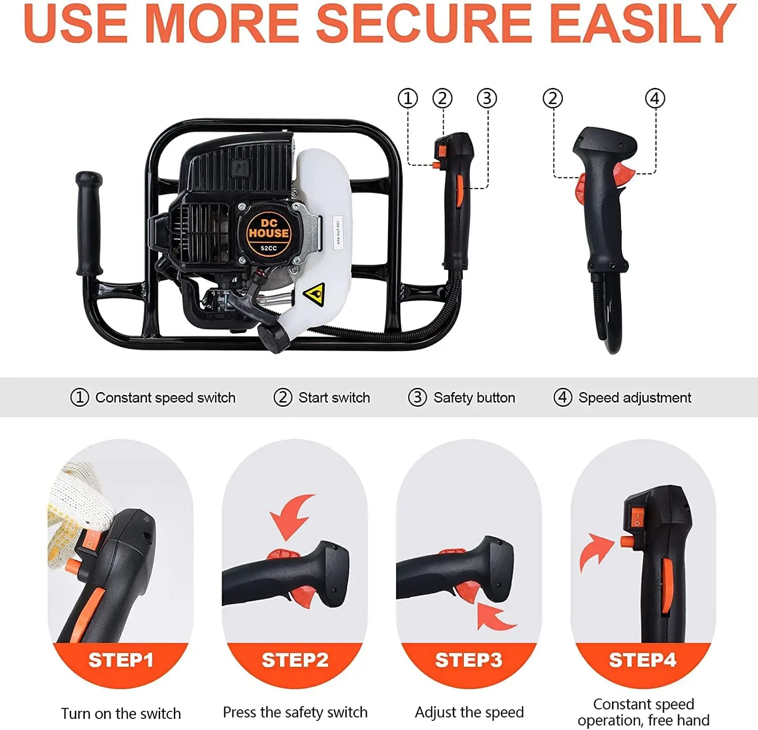 Imagem -06 - Gás Powered Post Hole Digger Terra Digger Terra Auger Post Hole Digger Dois Broca 10 Extensão 52cc 1800w