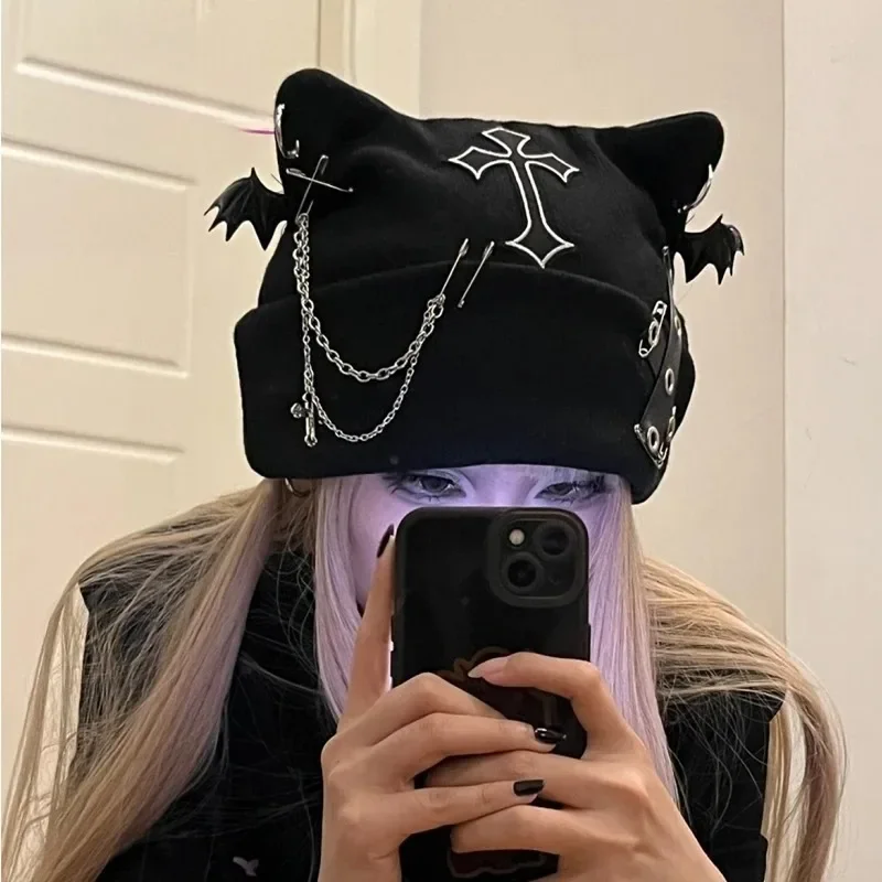 Gothic Grunge Cat Ear Bat Wing Black Beanie Hat Harajuku Punk Cross Chain Knitted Hat Women Winter Warm Chic Streetwear