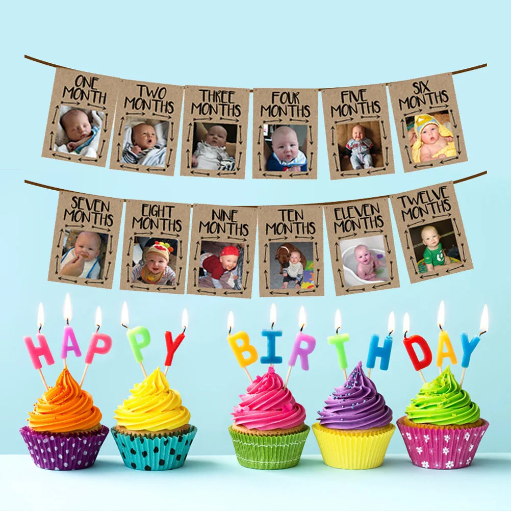 

Clip Baby Photo Banner 1-12 Months Linen Wall Decor Display -12 Months Photo Banner Flag Kids Photos Pull Flag Home Decor