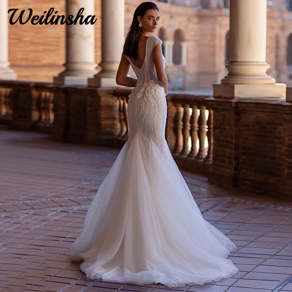 Vestido de novia personalizado de tul sirena de lujo Weilinsha para novias 2024 Sexy cuello en V profundo manga casquillo nupcial con lentejuelas personalizado