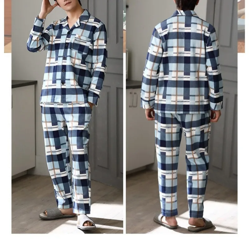가을 잠옷 남성 긴 소매 단순 플러스 사이즈 격자 무늬 카디건 바지 편안한 통기성 줄무늬 프리미엄 잠옷