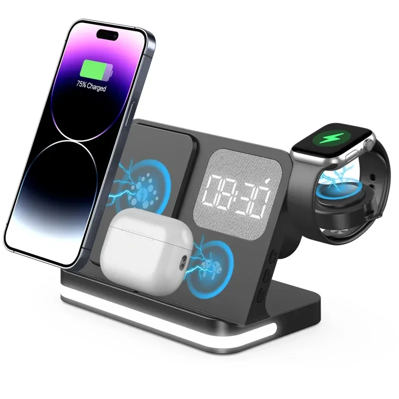 

VIKEFON 6 In 1 Wireless Charger Stand LED Light For iPhone 16 15 14 13 Pro Max Apple Watch 9 8 Airpods Pro Fast Charging Station