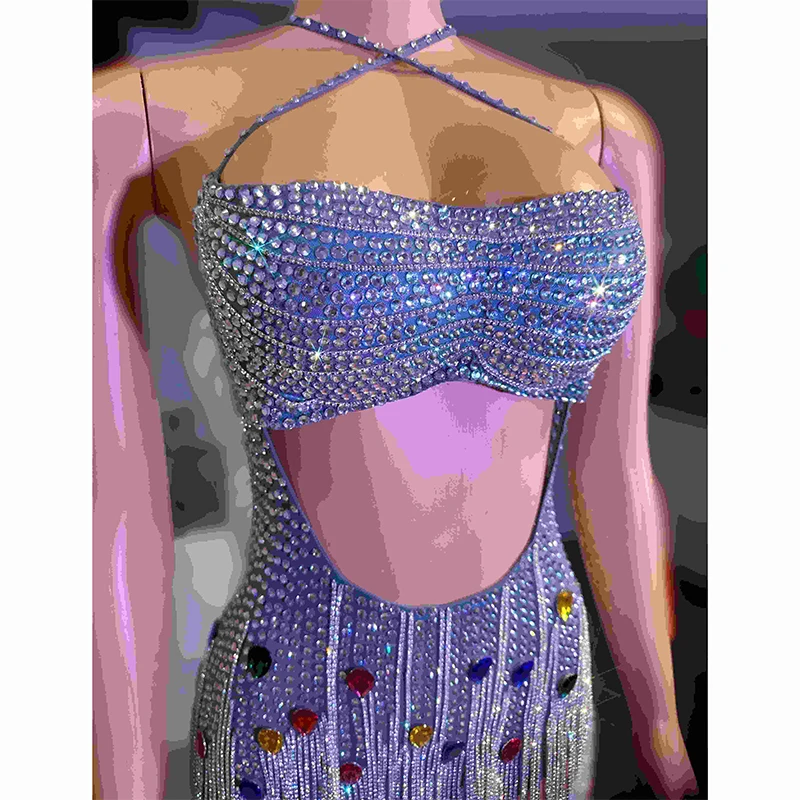 2025 Sexy Gogo danseur Performance tenue discothèque Bar Paty costume dos nu évider gland robe strass body Rave Wear